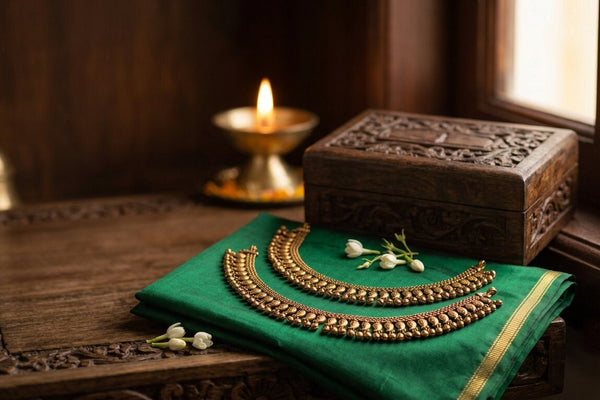 Pair of Impon kolusu (five-metal anklets) with mango charms and small bells on green silk saree fabric