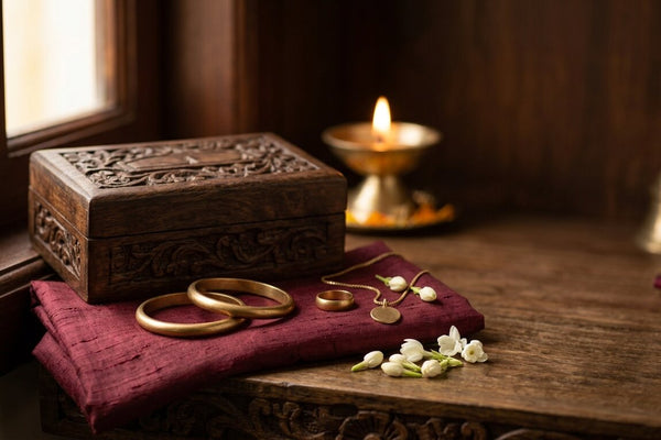 Impon (five-metal panchaloha) bangles, ring and chain on maroon silk beside a carved wooden box