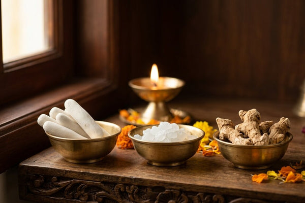 Three brass bowls of namakatti (white clay sticks), pachai karpooram (edible camphor) and vasambu (sweet flag root) on a pooja shelf