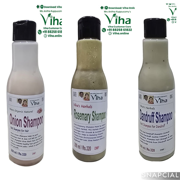 Three shampoo bottles: onion, rosemary and dandruff formulas