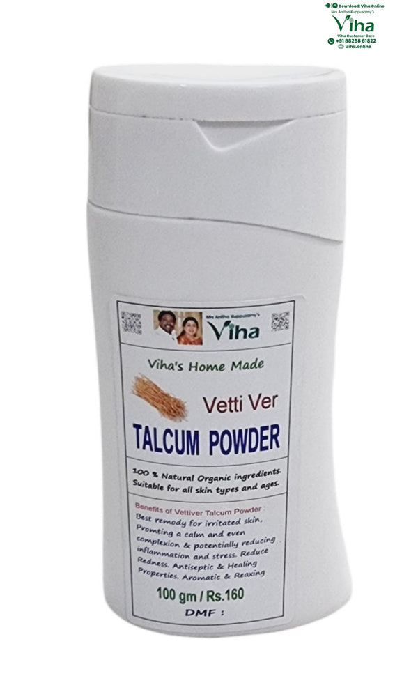 Viha Vettiver Talcum Powder, a white plastic bottle featuring a flip-top lid and a rectangular label with black and blue text and an image