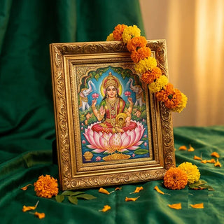 Framed Goddess Lakshmi picture with a marigold garland