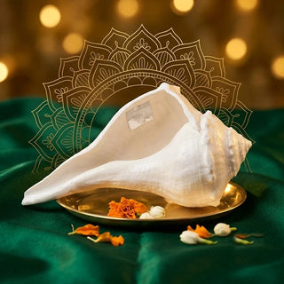 White valampuri sangu (conch shell) on a brass plate with marigold petals and jasmine