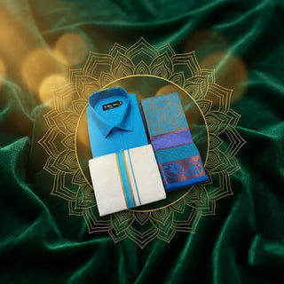 Folded blue shirt, white veshti (dhoti) with blue and gold border and blue silk saree on green velvet