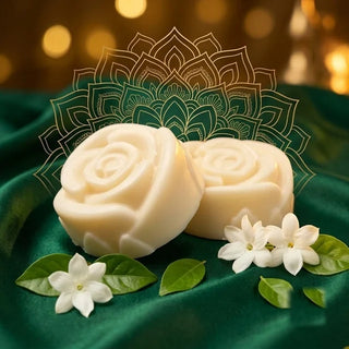 Rose-shaped white handmade milk soaps with jasmine flowers and leaves on green velvet