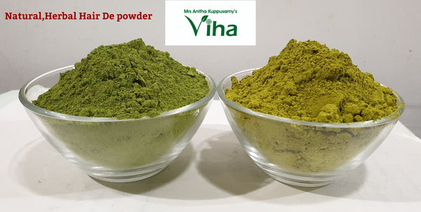 Hair Dye Powder (Henna & Indigo), two clear round glass bowls hold mounds of fine matte green and yellow-green powder against a white background