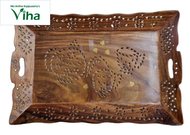 Wooden Tea Tray Large Worked with Brass Floral Designs