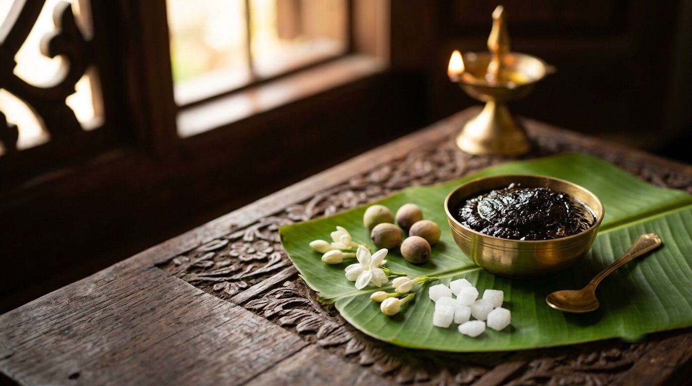 Brass bowl of aragaja (fragrant black pooja paste) on a banana leaf with lotus seeds, camphor and jasmine, brass lamp behind