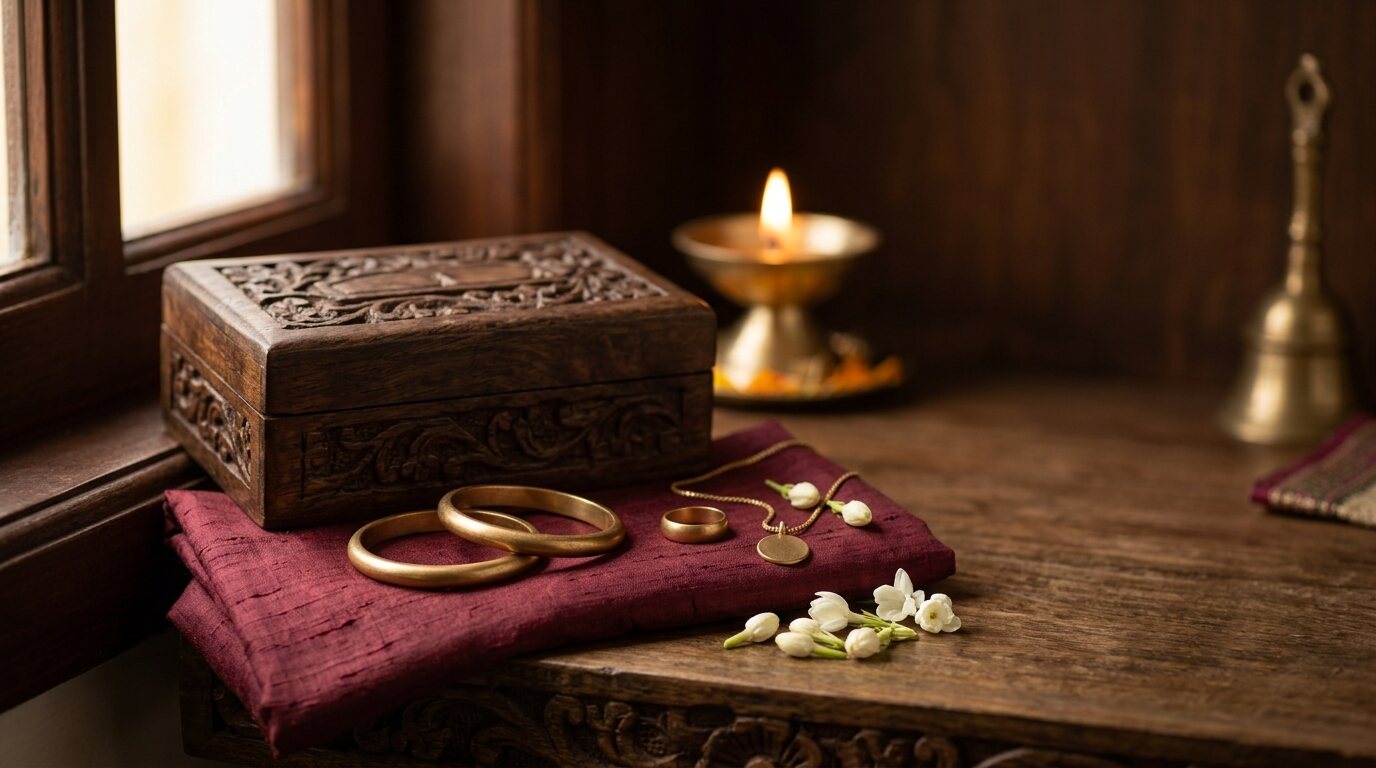 Impon (five-metal panchaloha) bangles, ring and chain on maroon silk beside a carved wooden box
