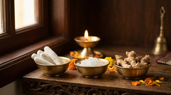 Three brass bowls of namakatti (white clay sticks), pachai karpooram (edible camphor) and vasambu (sweet flag root) on a pooja shelf