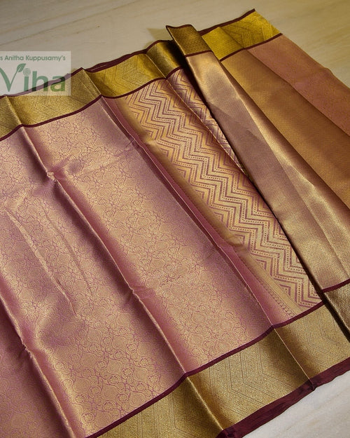 Premium Katan Soft Silk Saree With Blouse, a mauve and gold-toned woven fabric with floral and zig-zag patterns