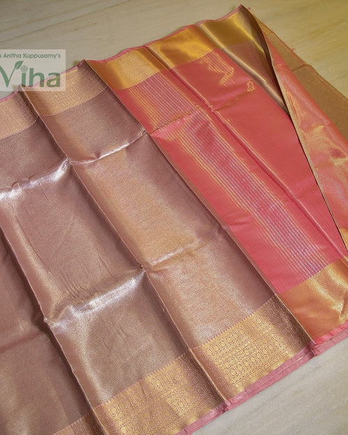 Premium Katan Silk Saree With Blouse, a pink textile featuring a shiny metallic finish with gold-toned patterned borders