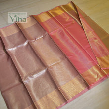 Premium Katan Silk Saree With Blouse, a pink textile featuring a shiny metallic finish with gold-toned patterned borders