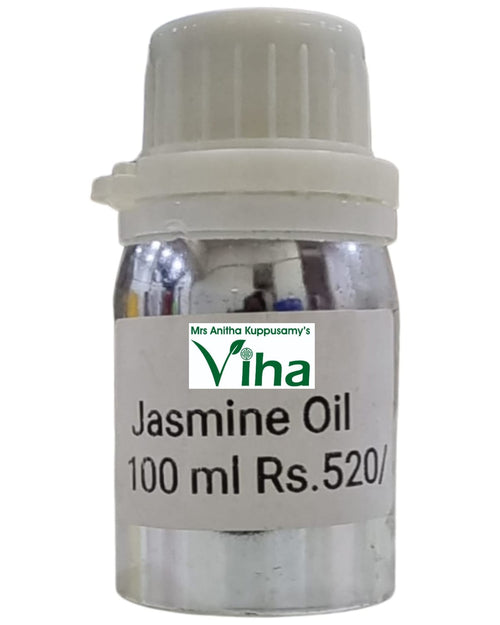 Jasmine Oil Natural, a silver-coloured bottle features a white label with text and a grooved white cap with a tamper-evident ring