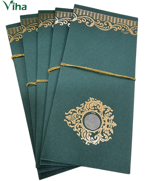 Gift Cover with dark green and gold-toned envelopes and coin inside