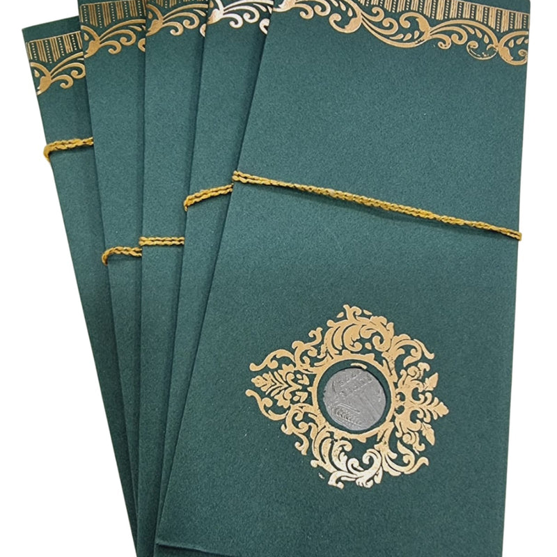 Gift Cover with dark green and gold-toned envelopes and coin inside