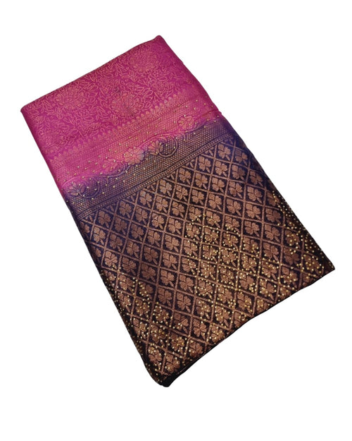 Soft Silk Saree with Stone Work, magenta and dark purple with woven floral and geometric lattice patterns