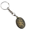 Pyrite Money Coin Key Chain, one silver-toned metal split ring connected via a four-link chain to an oval grey pendant featuring a gold-toned symbol