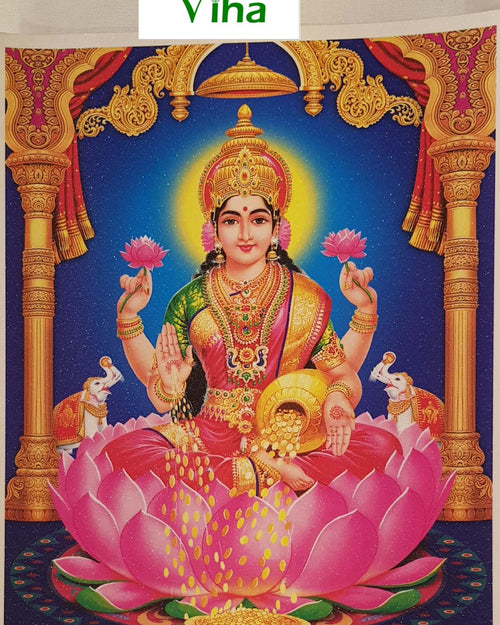 Small Size Mahalakshmi Photo, Lakshmi seated on a lotus with a lotus in each raised hand and coins pouring from her palm