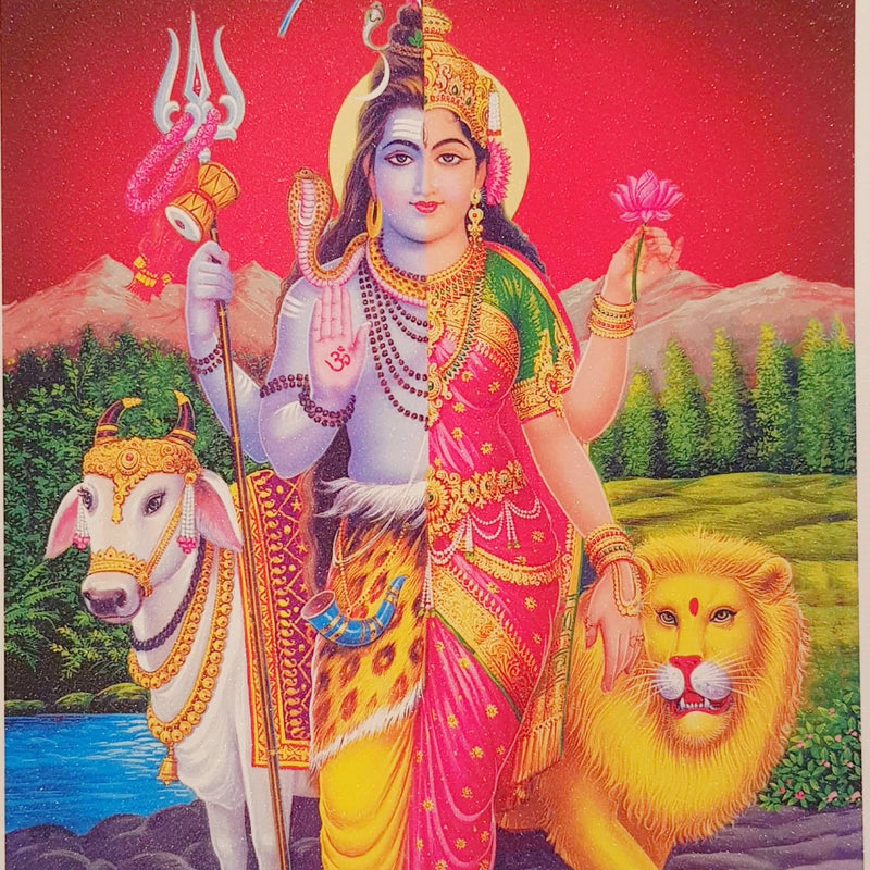 Small Size Ardhanareesvar Photo, Ardhanarishvara, half Shiva and half Parvati in one figure, with Nandi on one side and the lion on the other