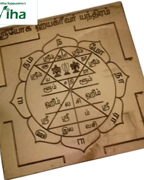 Sri Yoga Hayagrivar Yantram, a square gold-toned metallic plate featuring etched symbols and scripts inside concentric circles and a lotus motif