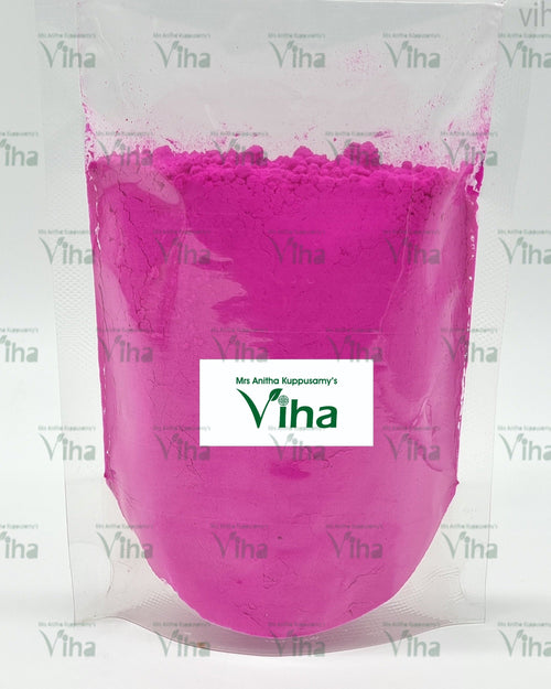 Pink Kumkum, a transparent plastic pouch filled with matte hot pink powder