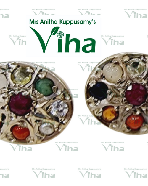 Navratna Studs Silver, oval earrings with a central red stone