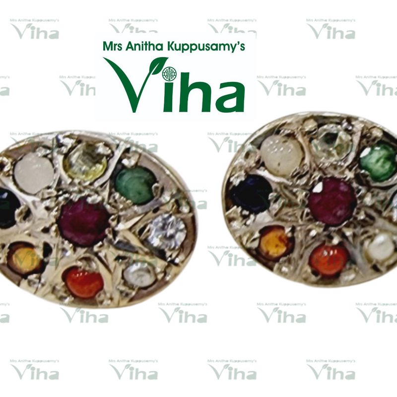 Navratna Studs Silver, oval earrings with a central red stone
