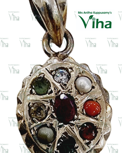 Navaratna Pendant Pure Sterling Silver with top loop and central dark stone