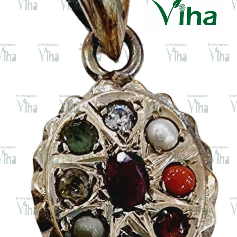 Navaratna Pendant Pure Sterling Silver with top loop and central dark stone