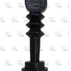 Karungali Wood Vel, a dark grey matte-finished standing carved object featuring three stacked conical ridges, a central round shaft, and a lotus-inscribed top