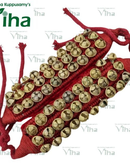 Bharatha Natyam Dancing Ghungroo, two red fabric bands with gold-toned bells attached in multiple parallel rows