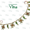 Swastik Thoran, a curved gold-toned garland featuring five swastika charms, four green leaf charms, bead chains, and looped red and yellow threads on ends