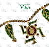 Swastik Thoran, a gold-toned pendant featuring a swastika symbol, red center, green accents, flanked by leaf-shaped pendants on a beaded string