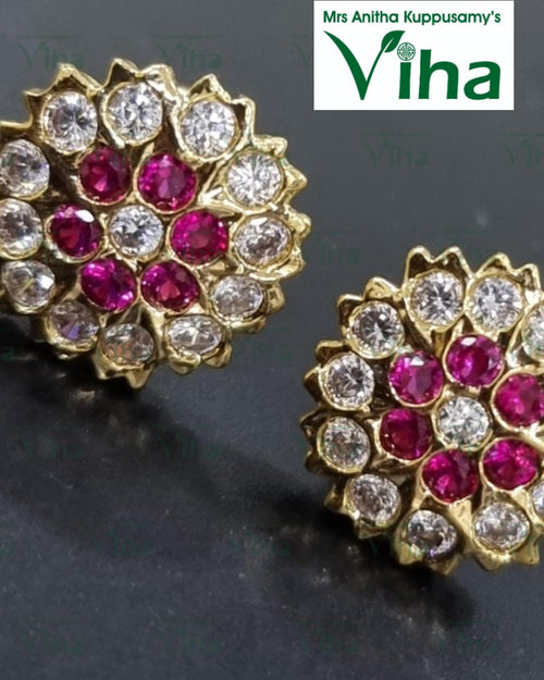 Impon Studs, flower-shaped gold-toned earrings set with white and pink stones