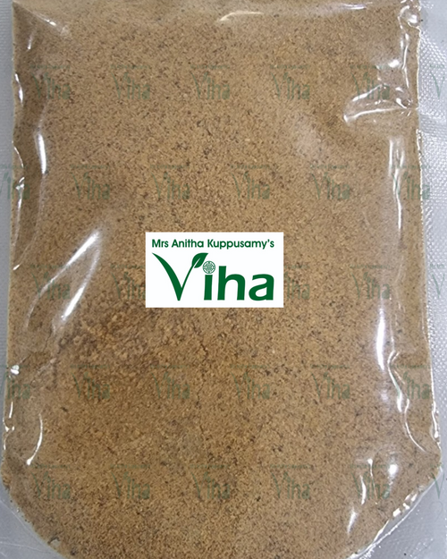 Flax Seed Idli Podi in a transparent plastic pouch
