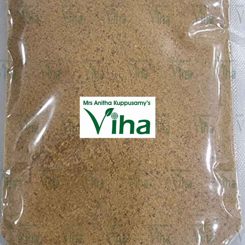 Flax Seed Idli Podi in a transparent plastic pouch