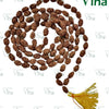 Face Rudraksh Mala, a long strand of brown textured oval beads with a yellow tassel at one end