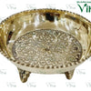 Jaladeepam Lamp, a shiny gold-toned round bowl with a scalloped rim and three short decorated feet, featuring an intricate floral relief on its inner base