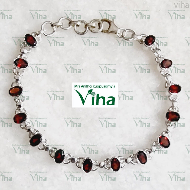 Garnet Oval Cut Silver Bracelet (Gomedha), a link chain set with oval dark red stones