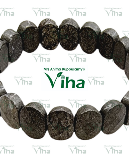 Pyrite Bracelet, elastic strand of dark grey flat-cut textured stones