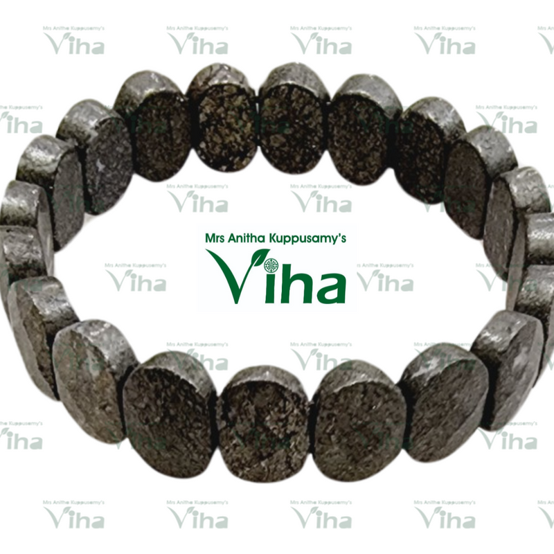 Pyrite Bracelet, elastic strand of dark grey flat-cut textured stones