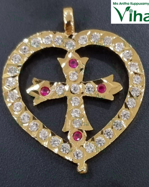 Impon Cross Pendant with heart shape, clear stones, and red stones