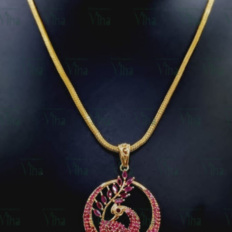 Impon Pendant Chain with a circular pendant and red stone bird motif