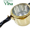 Brass Pressure Cooker, a gold-toned pot with a shiny silver-toned interior, one curved black handle, one short black side handle and one vertical pin