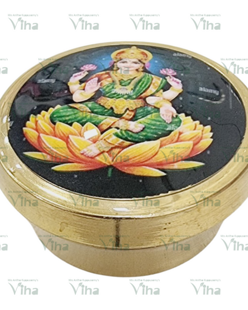Mahalakshmi Kumkum Box, round brass box with a printed colour image of Mahalakshmi seated on a lotus set into the lid