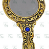 Hand Mirror, gold-toned metal mirror with an engraved handle set with a blue stone