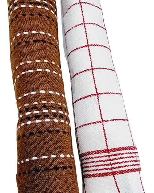 Kitchen Towel, two rolled textiles, one brown with white and black dashed stripes and one white with red grid lines