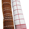 Kitchen Towel, two rolled textiles, one brown with white and black dashed stripes and one white with red grid lines