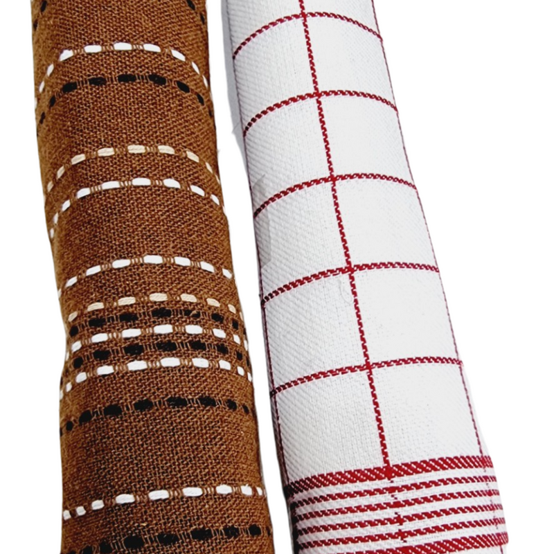 Kitchen Towel, two rolled textiles, one brown with white and black dashed stripes and one white with red grid lines